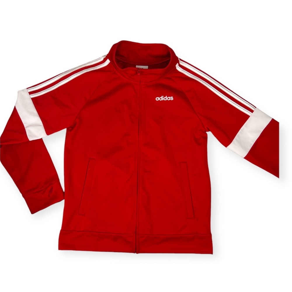 Kids ADIDAS Red Full Zip Warm Up Track Jacket Size Medium 10/12 Stripes Pockets